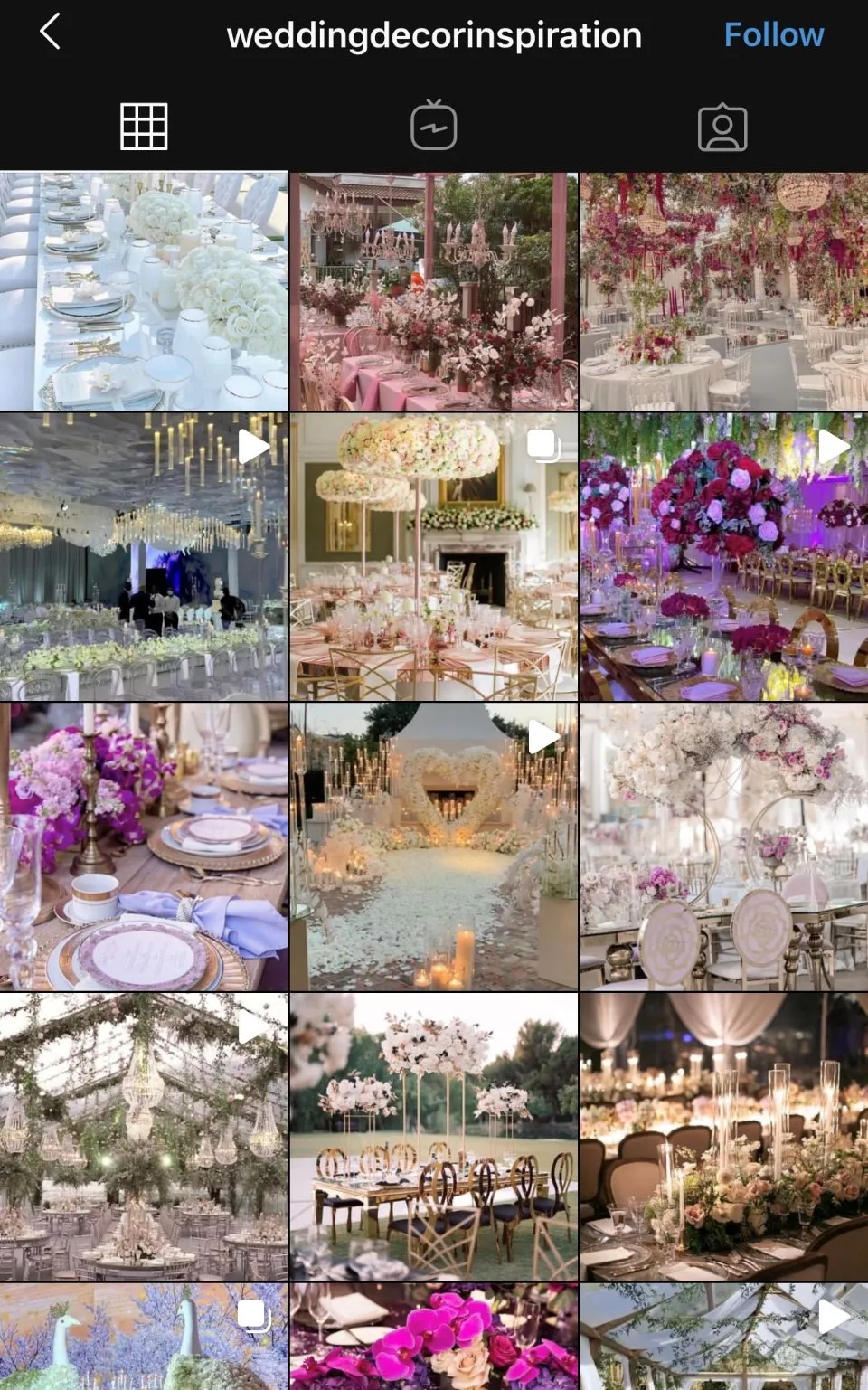Instagram feed of a wedding decor inspiration account