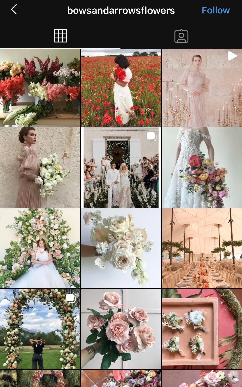 Instagram feed of a wedding florist account with bouquets and floral arches