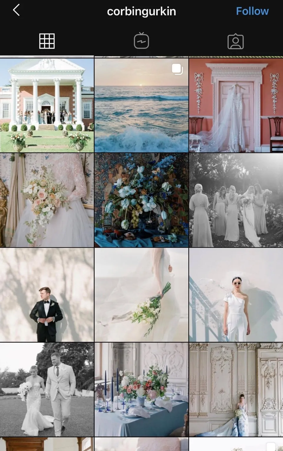 Instagram feed of a fine art wedding photographer