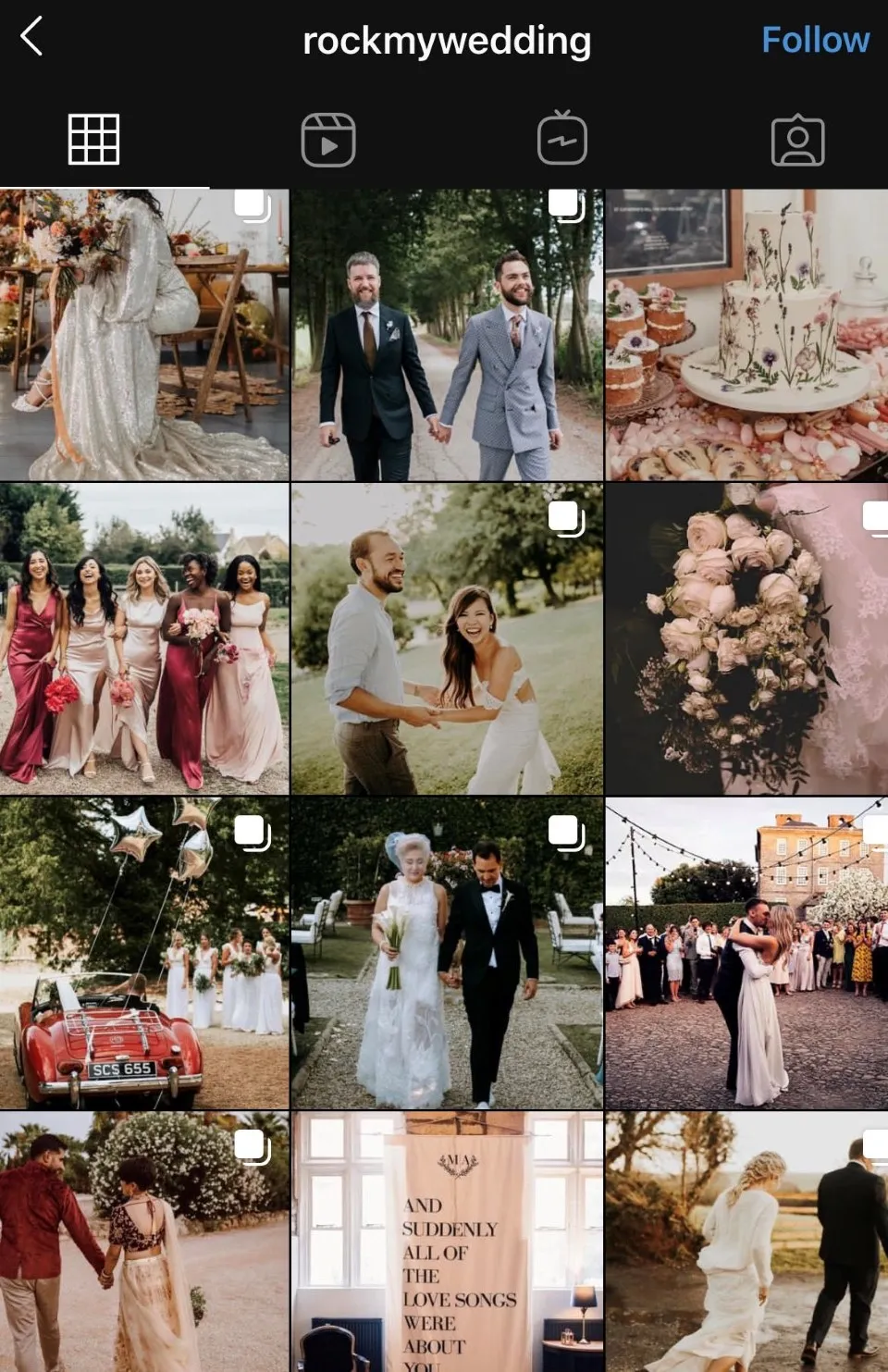 Instagram feed of a wedding blog with real wedding photos