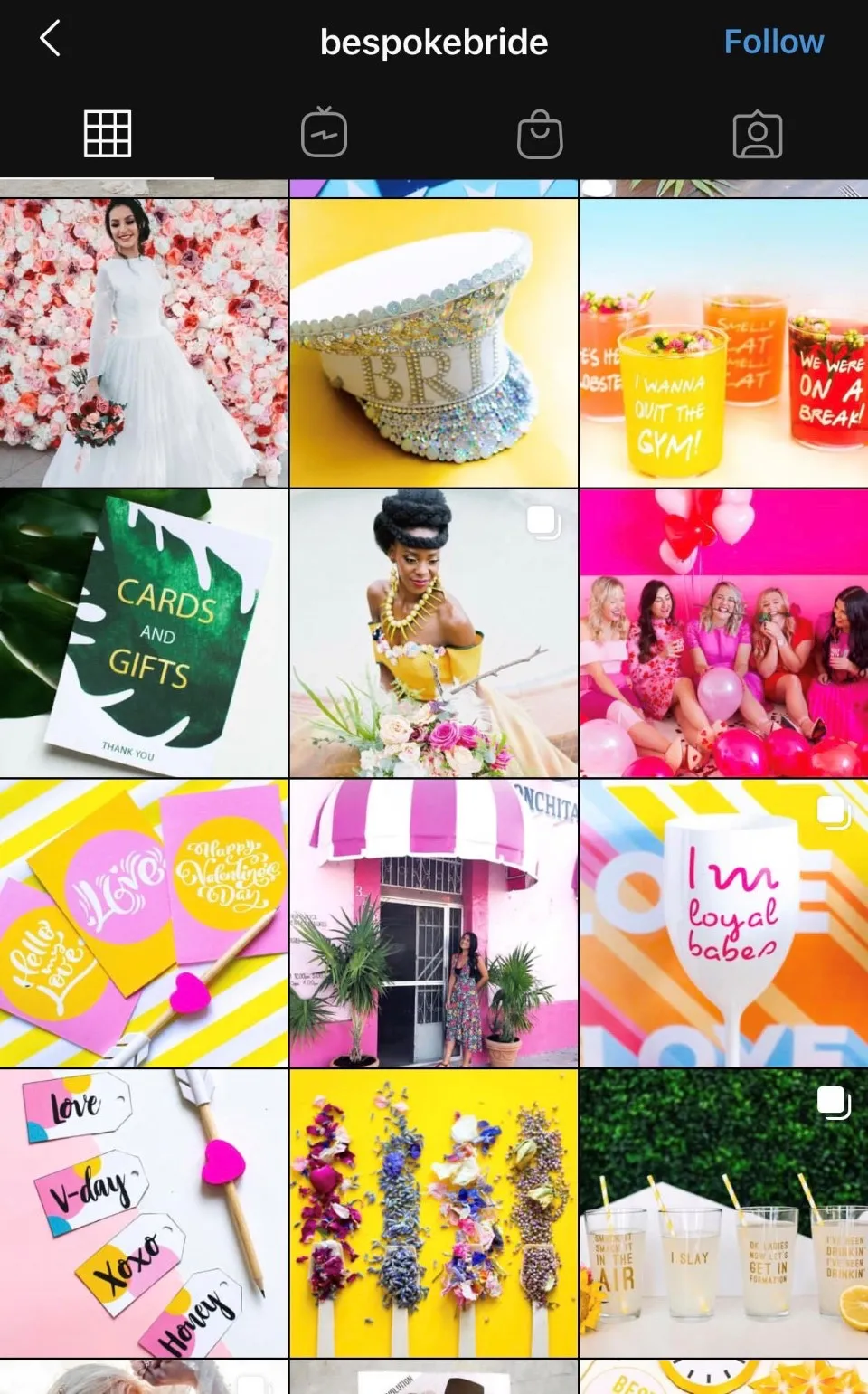 Instagram feed of a colorful bridal inspiration account