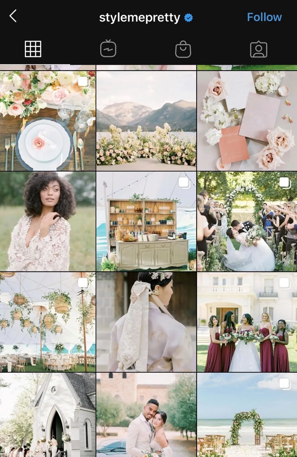 Instagram feed of a wedding inspiration blog with bridal looks and decor
