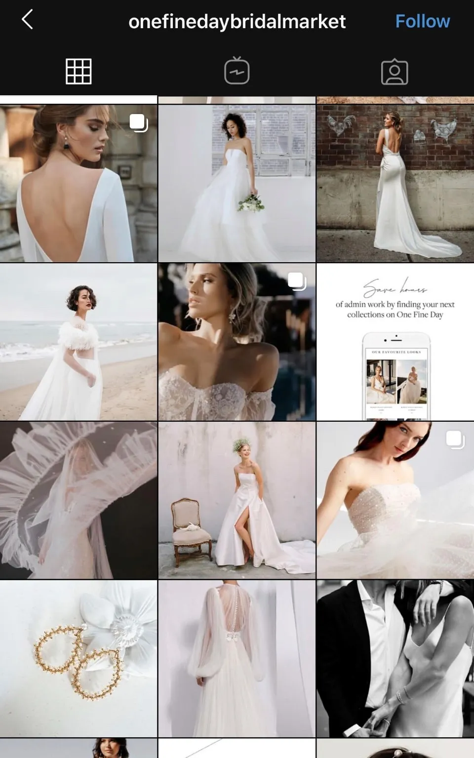 Instagram feed of a bridal market account with wedding dresses