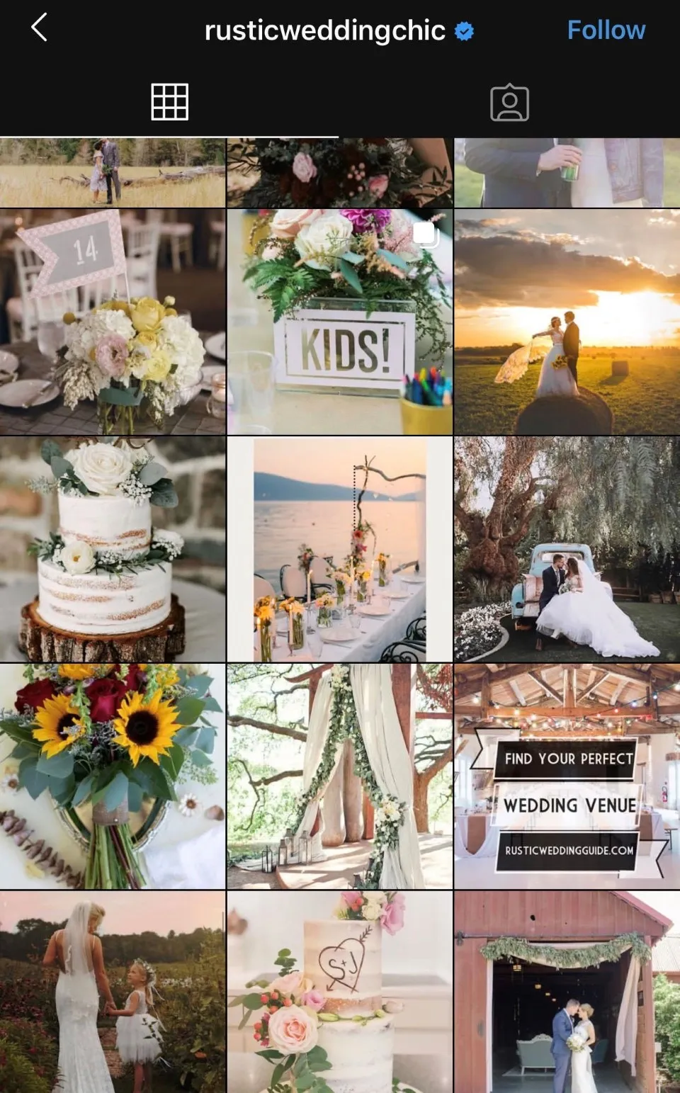 Instagram feed of a rustic wedding ideas account