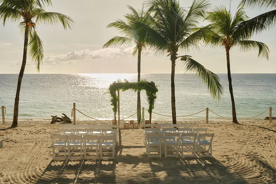 Beach ceremony setup with a greenery arch under palm trees at Kimpton Grand Roatán