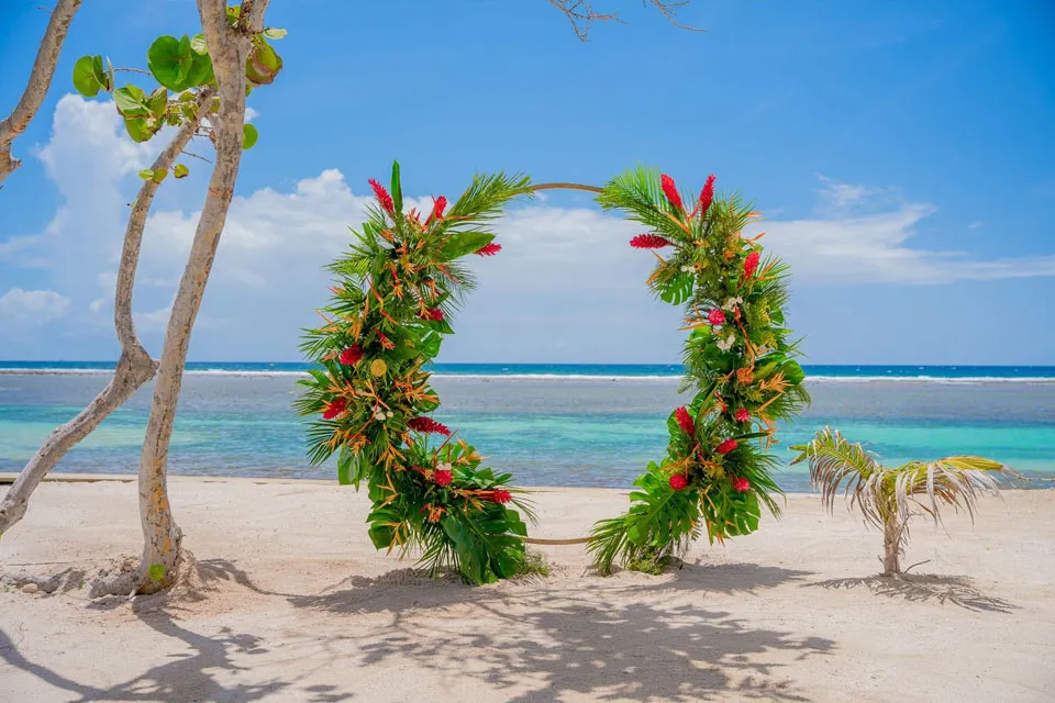 Circular wedding arch decorated with birds of paradise and gingers on the beach
