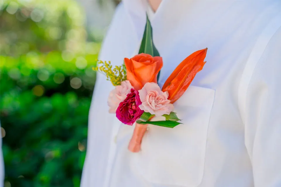 Birds-of-Paradise-and-Gingers Groom's boutonniere with birds of paradise and tropical flowers