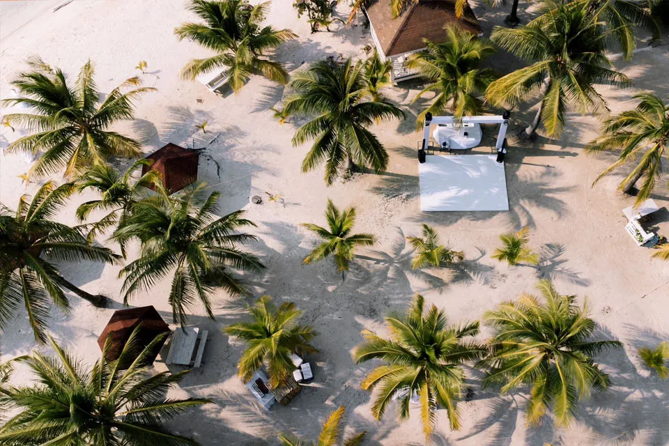 Aerial view of a small beach wedding setup among palm trees
