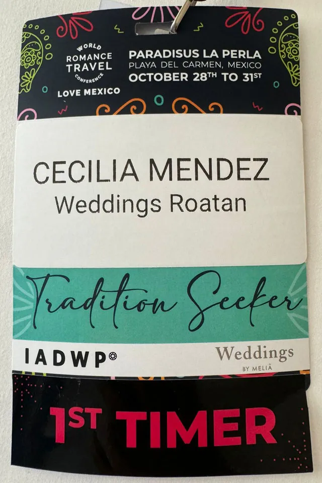 Cecilia Mendez Weddings Roatan badge at the World Romance Travel Conference