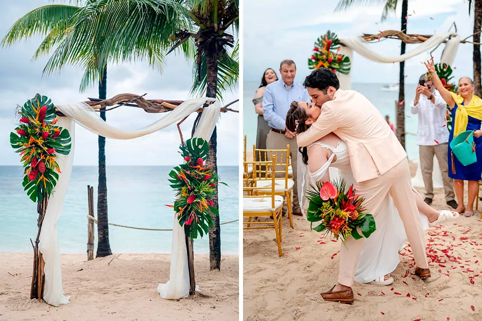 Jen and Xerxes' beach ceremony and first kiss at Kimpton Grand Roatán