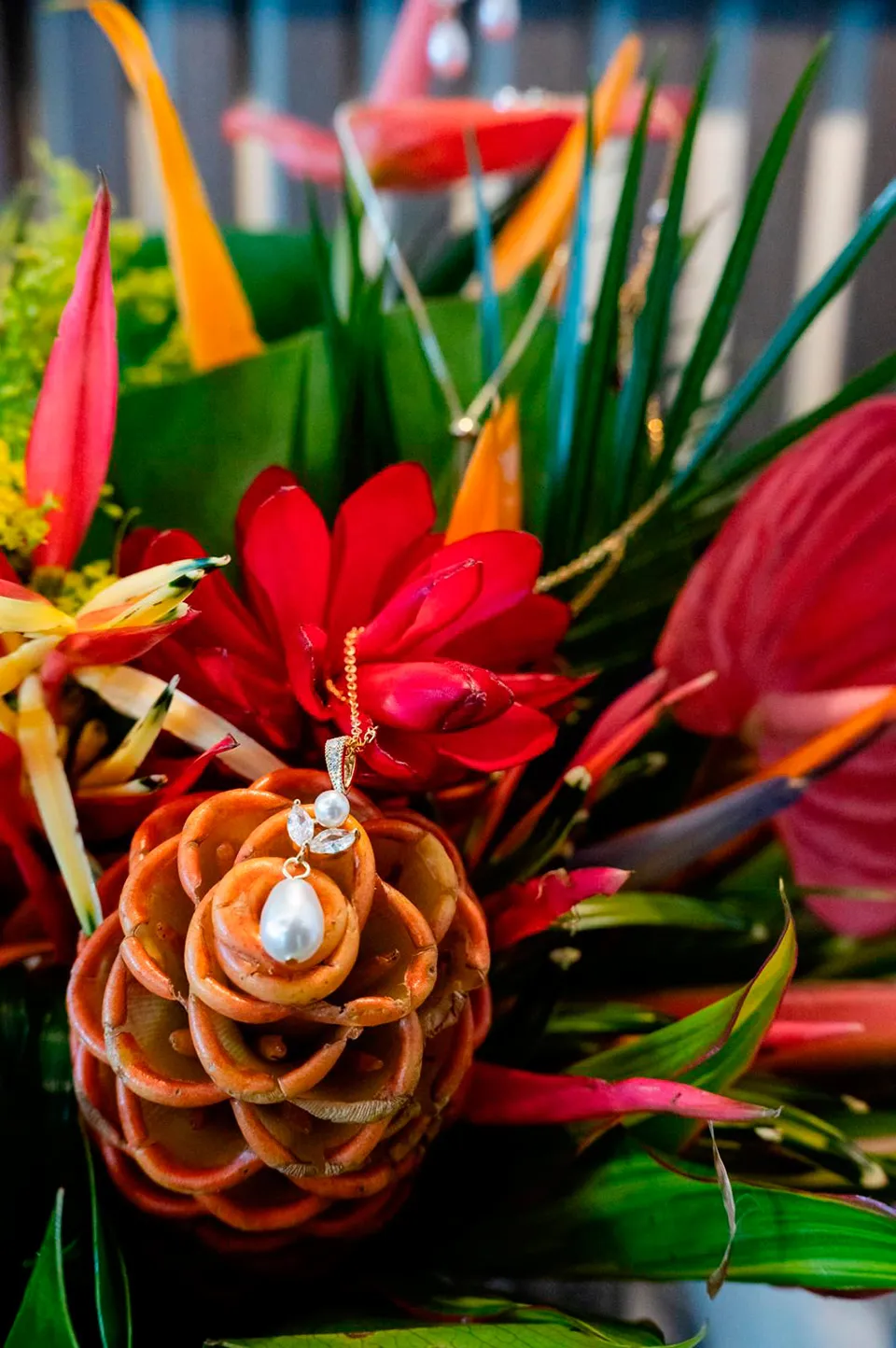 Engagement ring on a tropical ginger flower at Kimpton Grand Roatán