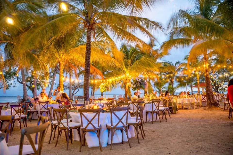 Reception tables under palm trees and string lights at Bando Beach, Utila
