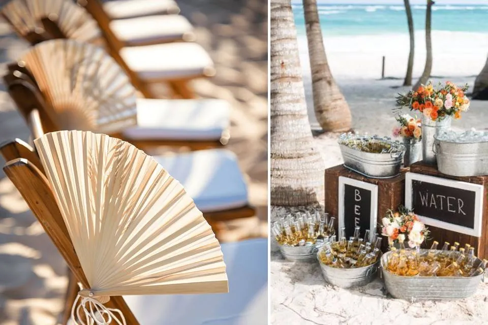 Hand fan favors and a refreshment station for guests at a beach wedding